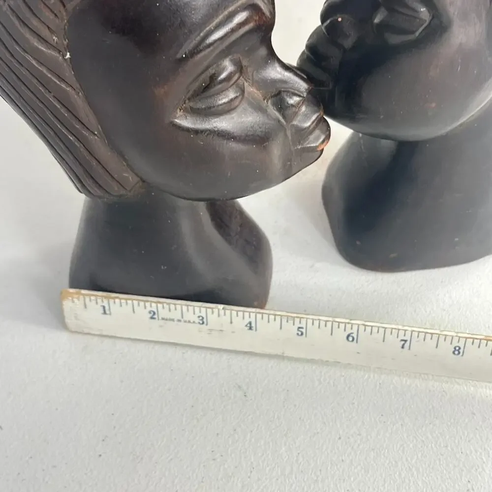 Vintage African Hand Carved Ebony Wood Head Sculptures 10.5